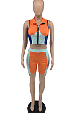 Fashion Casual Spliced Zipper Top Shorts Two-Piece TD8032