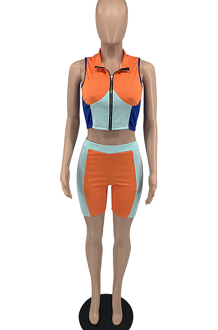 Fashion Casual Spliced Zipper Top Shorts Two-Piece TD8032