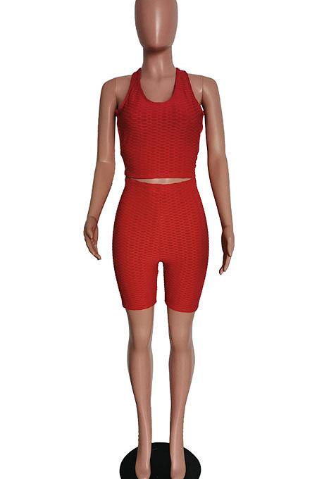 Vest Pure Color Sleeveless Pineapple Cloth Yoga Suit Backless Shorts Sets HM5444