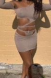 Pure Color Women Inclined Shoulder Flare Sleeve Knotted Strap Skirts TWO-Piece QZ4339