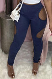 Personality Hollow Out Pure Color No Belt Tight Casual Long Pants HM5449