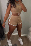 Women Sexy Drawsting Pure Color Spliced Shorts Sets HM5453