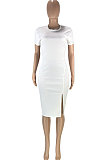 Women Trendy Casual Pure Color Round Neck Open Fork Cultivate One's Morality Short Sleeve Midi Dress SM9178