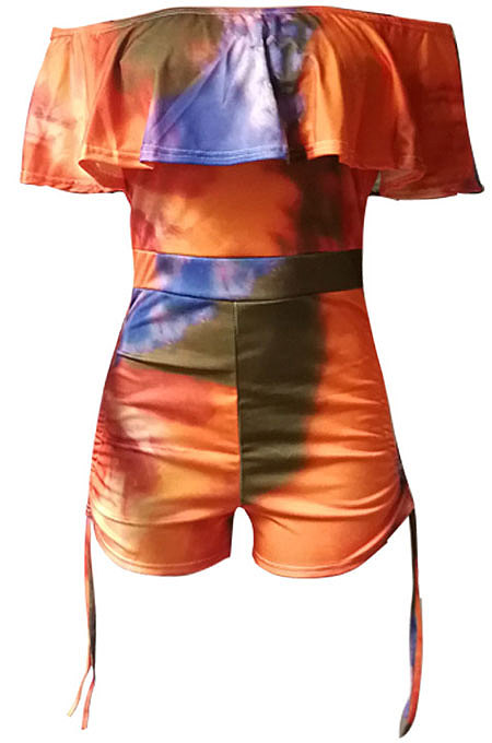 Women Sexy A Word Shoulder Bind Printing Romper Shorts HM5241