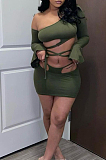 Pure Color Women Inclined Shoulder Flare Sleeve Knotted Strap Skirts TWO-Piece QZ4339