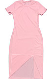 Women Trendy Casual Pure Color Round Neck Open Fork Cultivate One's Morality Short Sleeve Midi Dress SM9178