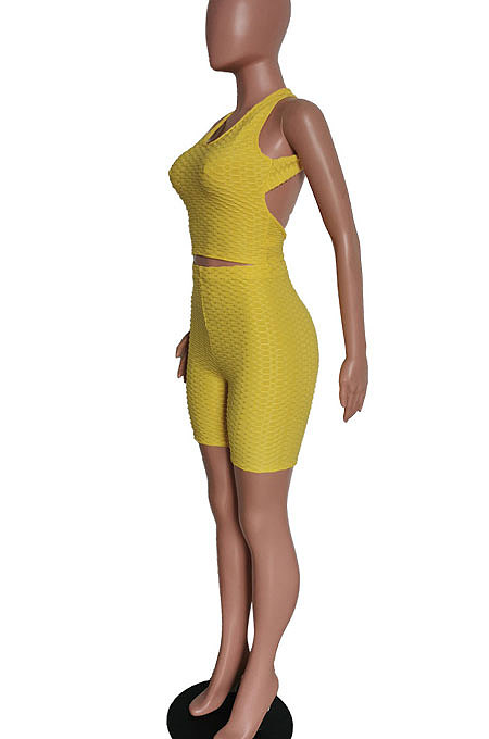 Vest Pure Color Sleeveless Pineapple Cloth Yoga Suit Backless Shorts Sets HM5444