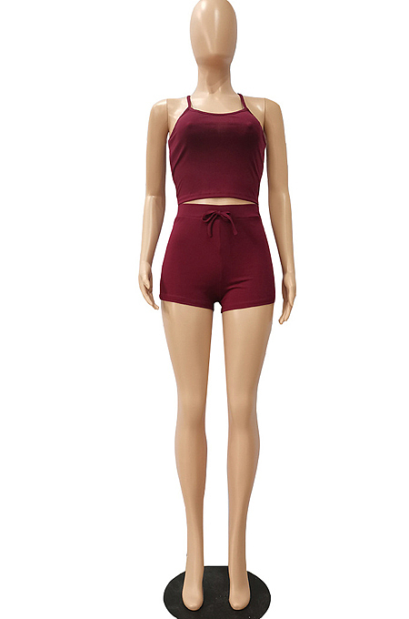 Casual Pit Bar Pure Color Sling Vest Shorts Two-Pece CM2121
