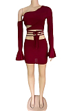 Pure Color Women Inclined Shoulder Flare Sleeve Knotted Strap Skirts TWO-Piece QZ4339