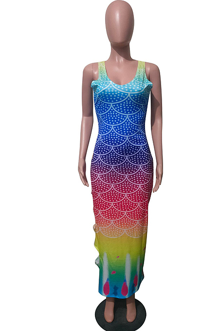 Euramerican Casual  Gradient Three Color V Neck Dress T213 