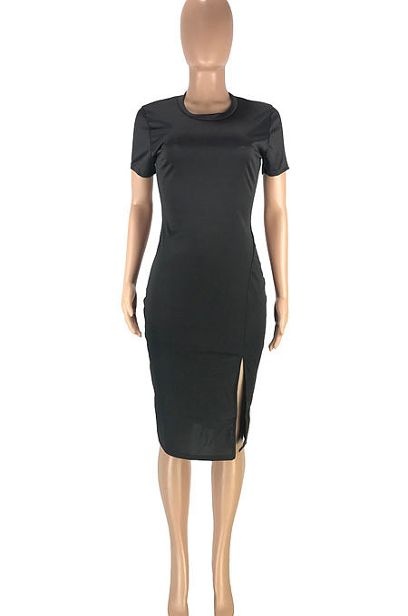 Women Trendy Casual Pure Color Round Neck Open Fork Cultivate One's Morality Short Sleeve Midi Dress SM9178