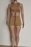 Women Sexy Drawsting Pure Color Spliced Shorts Sets HM5453