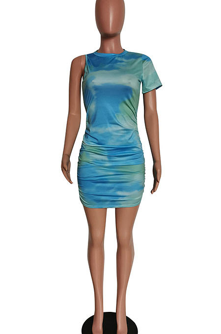 Sexy One Shoulder Light Blue Mid Waist Two Sides Elastic Tightening Mini Dress HM5452