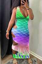 Euramerican Casual  Gradient Three Color V Neck Dress T213 