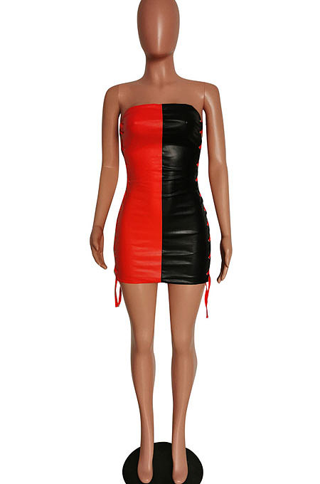 Sexy Fashion Eyelet Bind Spliced Boob Tube Top Mini Dress HM5451