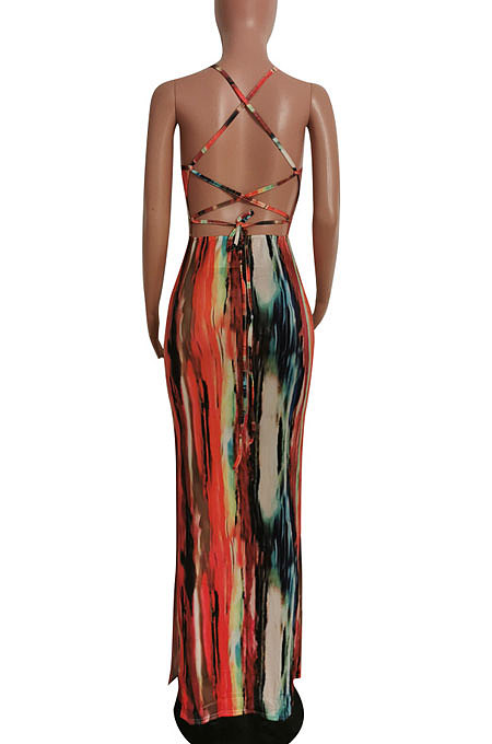 Sexy High Waist Condole Belt Printing Side Open Fork Long Dress HM5440