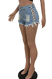 Mid Waist Water Washing Eyelet Hollow Out Light Color Jeans Shorts HM5454