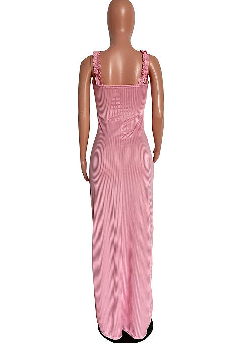 Women Pure Color Knitting Condole Belt Side Open Fork Agaric Edge Long Dress HM5458