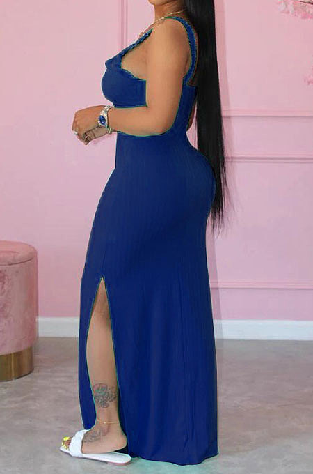 Women Pure Color Knitting Condole Belt Side Open Fork Agaric Edge Long Dress HM5458