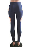 Personality Hollow Out Pure Color No Belt Tight Casual Long Pants HM5449