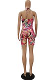 Sexy Hang A Neck Tie Dye Hollow Out Digital Print Jumpsuits CM2131