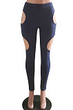 Personality Hollow Out Pure Color No Belt Tight Casual Long Pants HM5449