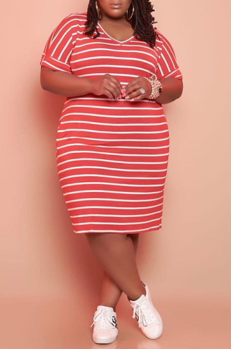 Stripe Printed Plus Size Round Neck Short Sleeve T-shirt Dress TC074