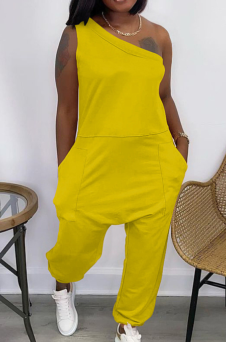 Euramerican Loose Streets Inclined Shoulder Pocket Sport Jumpsuits YYF8215