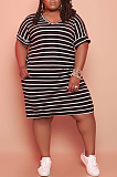 Stripe Printed Plus Size Round Neck Short Sleeve T-shirt Dress TC074