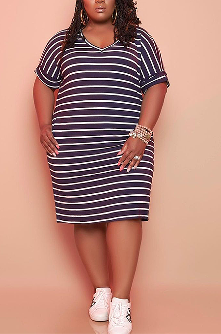 Stripe Printed Plus Size Round Neck Short Sleeve T-shirt Dress TC074