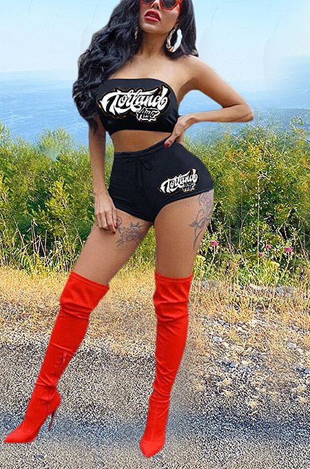 Fashion Solid Color Letter Print Strapless Short Sets TC070