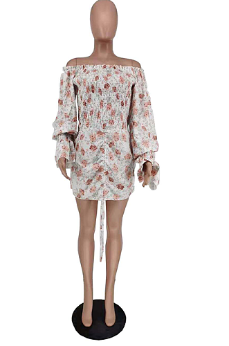 Trendy Fashion Long Sleeve Floral One Shoulder Dress AMX6005