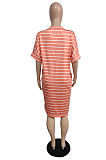 Stripe Printed Plus Size Round Neck Short Sleeve T-shirt Dress TC074