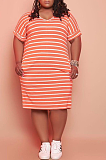 Stripe Printed Plus Size Round Neck Short Sleeve T-shirt Dress TC074