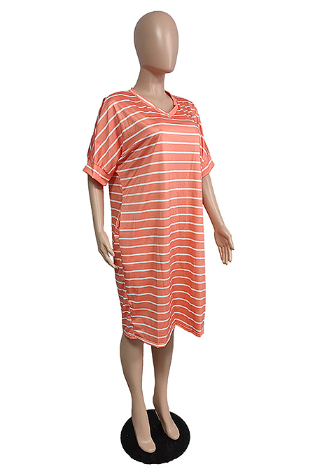 Stripe Printed Plus Size Round Neck Short Sleeve T-shirt Dress TC074