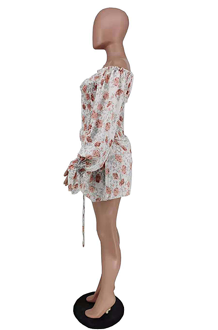 Trendy Fashion Long Sleeve Floral One Shoulder Dress AMX6005
