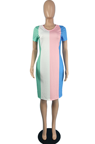 Summer Stripe Print Bouble Pocknet Casual Dress JG045