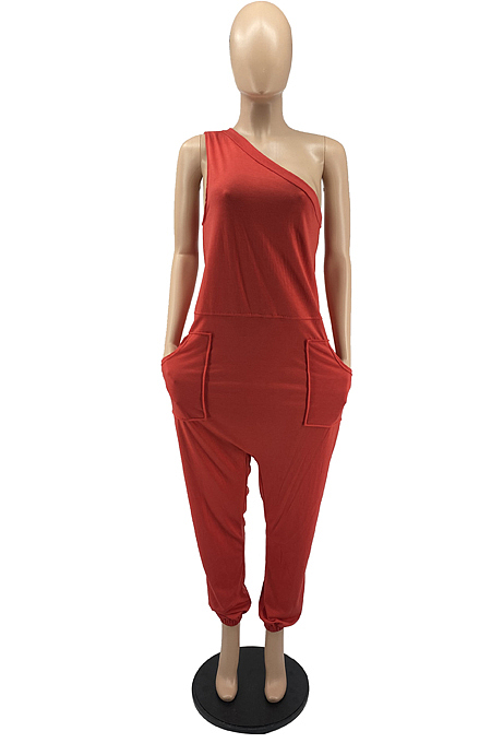 Euramerican Loose Streets Inclined Shoulder Pocket Sport Jumpsuits YYF8215