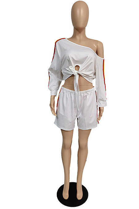 Fashion Round Neck Long Strips Plus Size Short Sets TC069