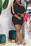 Fashion Round Neck Long Strips Plus Size Short Sets TC069