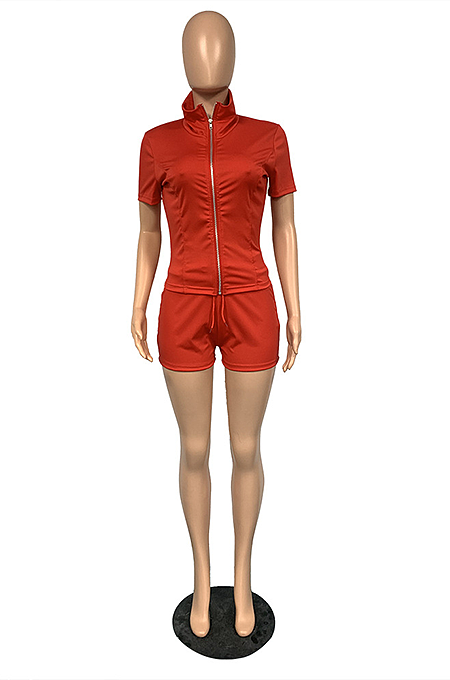 Fashion Casual Pure Zipper Top Shorts Two-Piece TC055