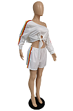 Fashion Round Neck Long Strips Plus Size Short Sets TC069