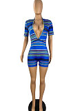 Printing Screw Thread Pit Bar Deep V Neck Romper Shorts TL6589