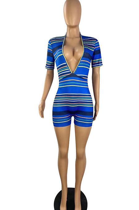 Printing Screw Thread Pit Bar Deep V Neck Romper Shorts TL6589