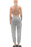 Sexy Backless Condole Belt Bra Top Pure Color Tassel Pants Sets MLM9065