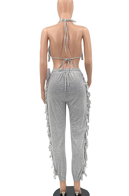 Sexy Backless Condole Belt Bra Top Pure Color Tassel Pants Sets MLM9065