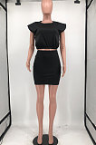 Euramerican Women Sleeveless Shoulder Pads T Shirts One-Step Skirt Joker Casual Two-Pieces HYM8067