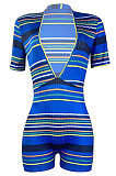 Printing Screw Thread Pit Bar Deep V Neck Romper Shorts TL6589