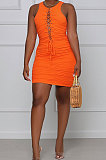 Eyelet Bind Pure Color Ruffle Mini Dress TL6588