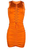 Eyelet Bind Pure Color Ruffle Mini Dress TL6588